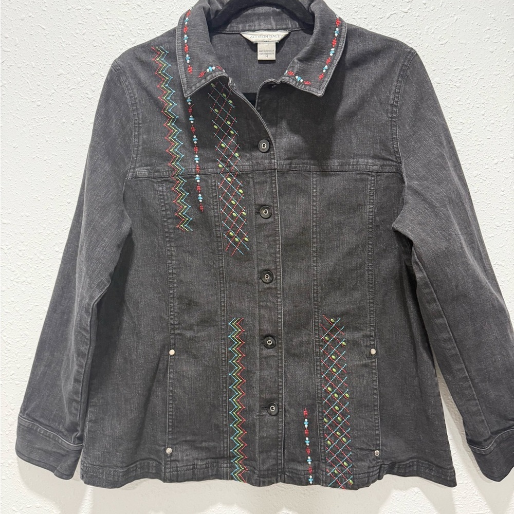 Allison Daley‎ Charcoal Jean Jacket with Multicolor Embroidery 14